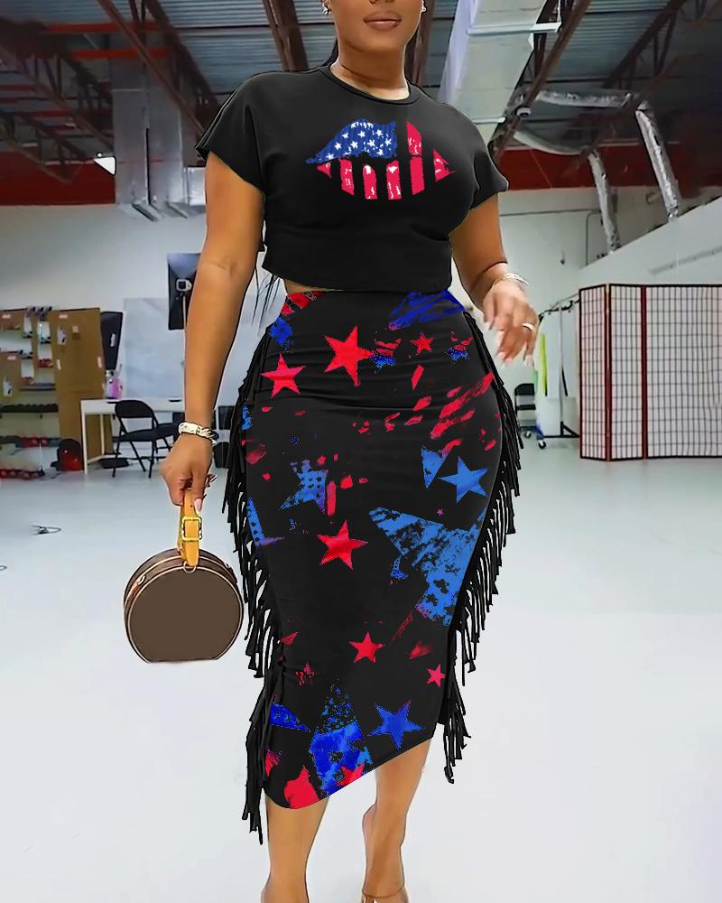 

Independence Day Flag Lip Print Crop Top & Tassel Design Skirt Set, Black