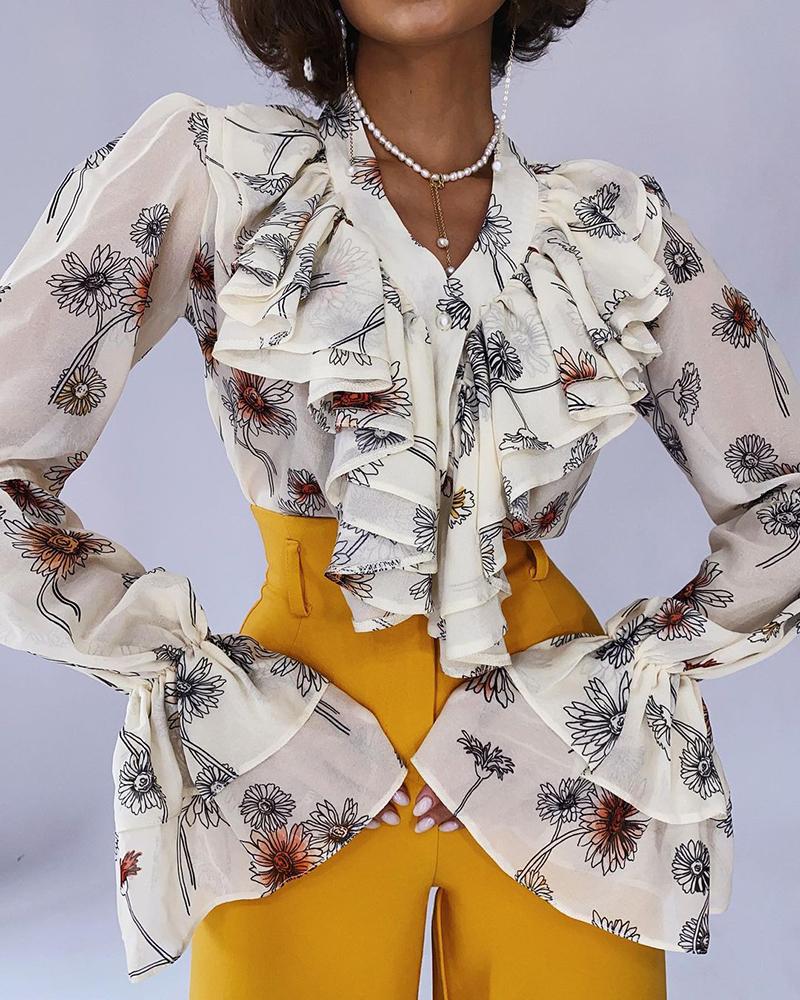 

Bell Puff Sleeve Floral Print Ruffles Top, White