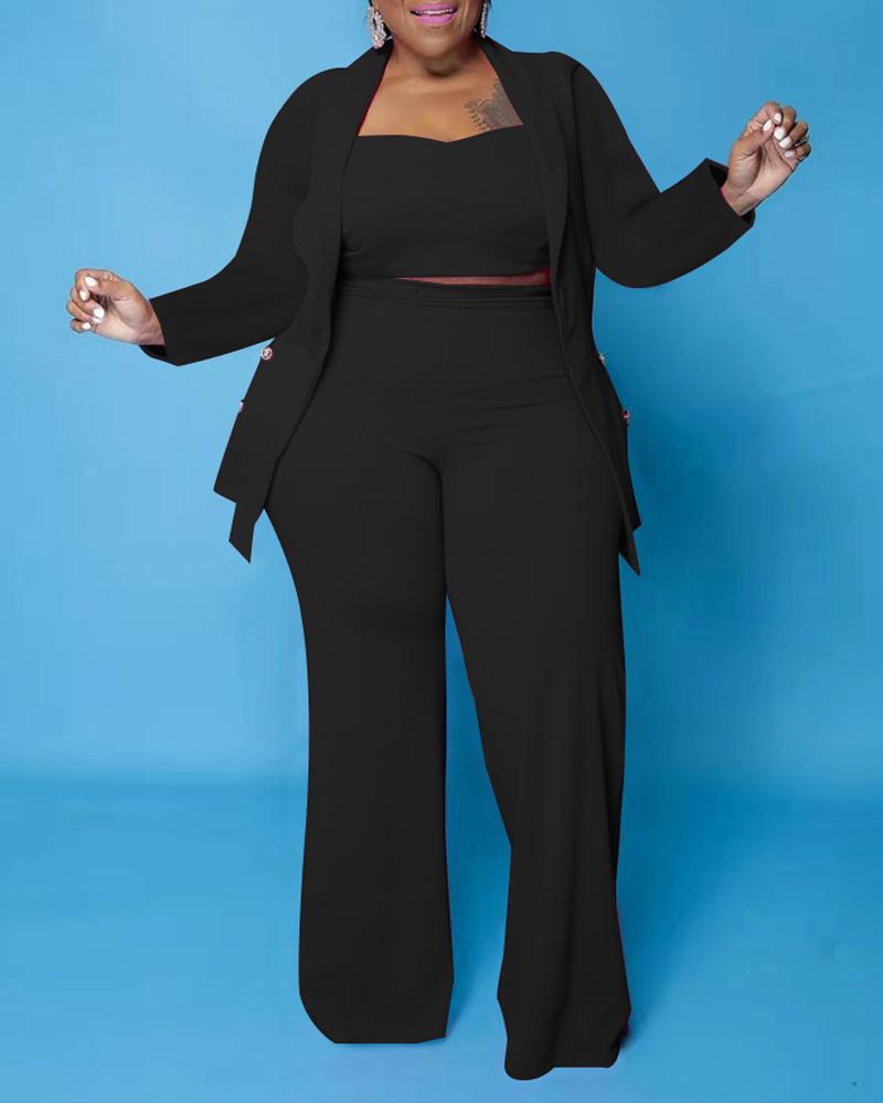 

Plus Size 3PCS Double Breasted Blazer & Pants Set With Crop Top, Black