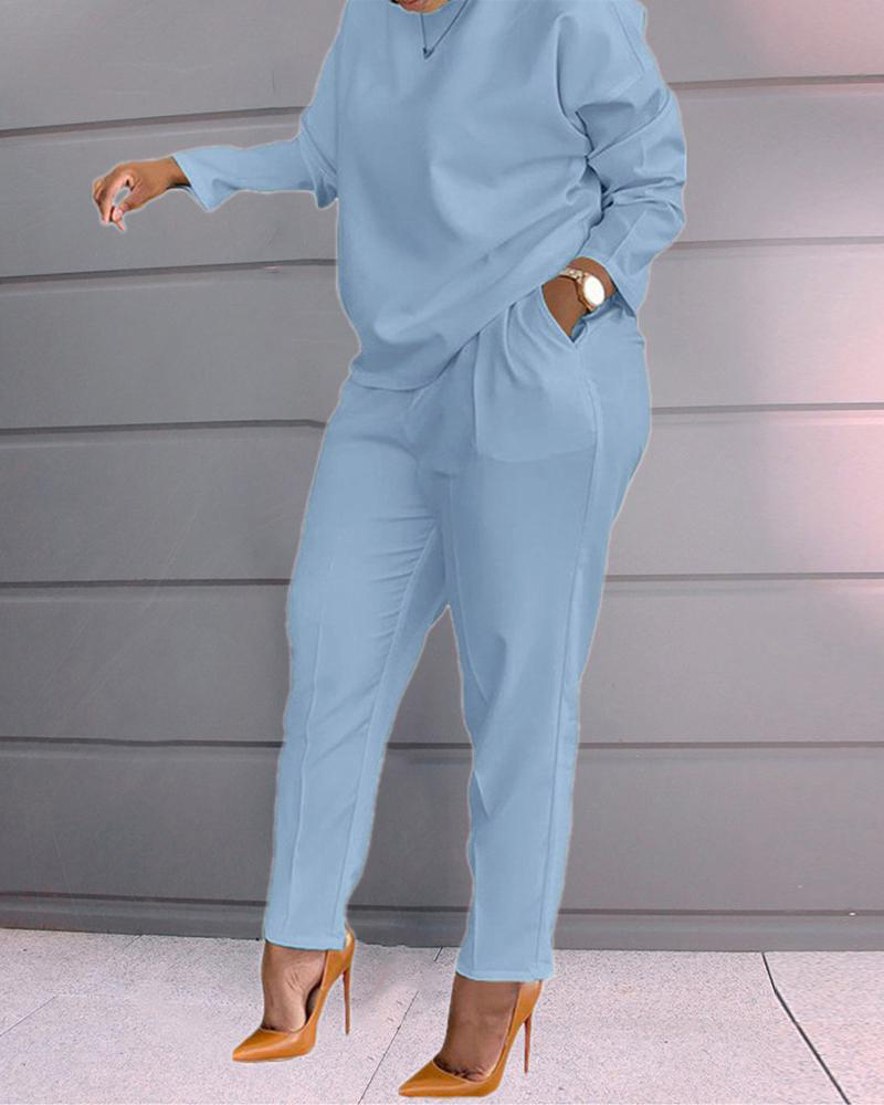 

Long Sleeve Top & Pocket Design Pants Set, Blue