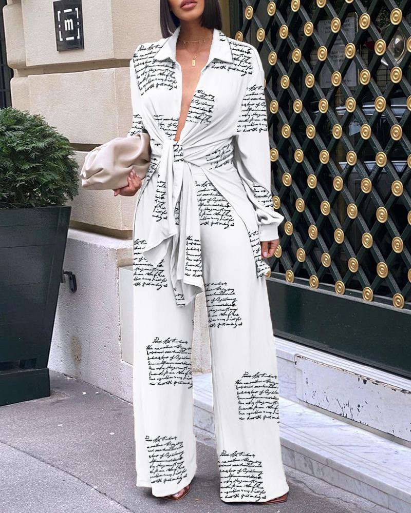 

Letter Print Tie Front Top & Wide Leg Pants Set, White