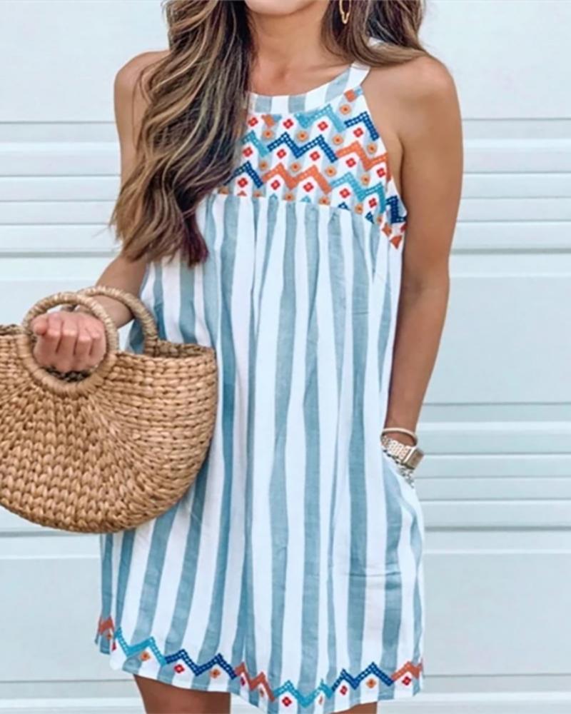 

Embroidery Striped Sleeveless Casual Dress, Blue