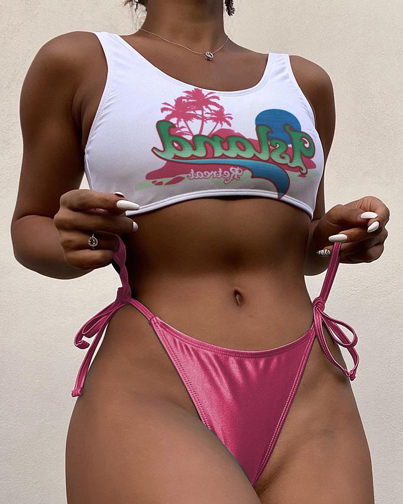 

Landscape Letter Print Tied Detail Bikini Set, Pink