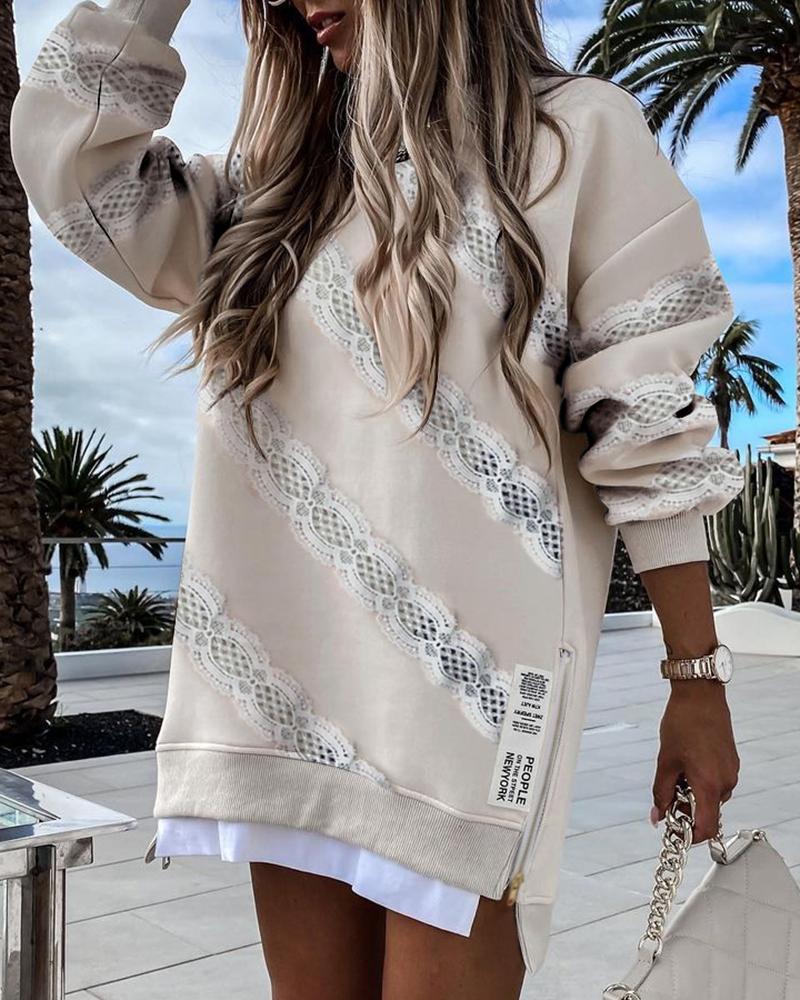 

Contrast Lace Zipper Design Long Sleeve Sweatshirt Dress, Apricot
