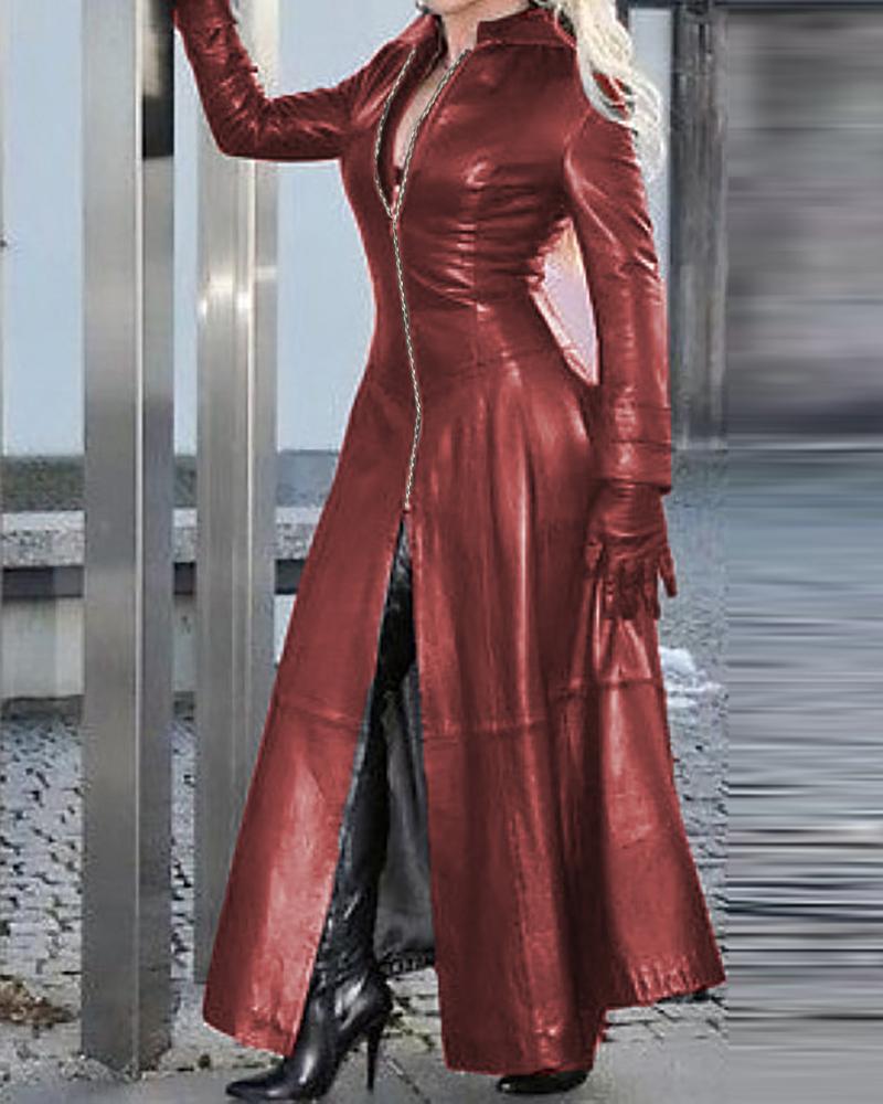 

PU Leather Zipper Design Long Sleeve Coat, Wine red