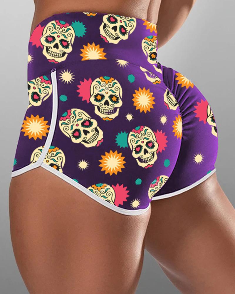 

Skeleton Patterns Print Loose Slit Shorts, Purple