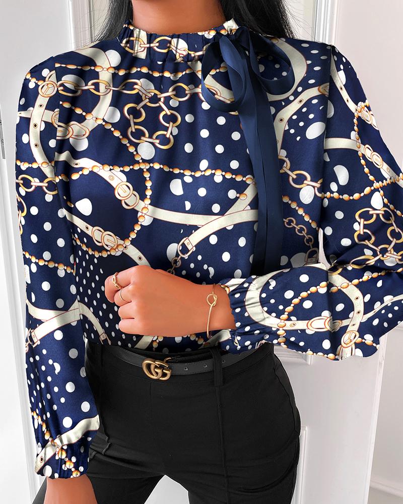 

Chain Polka Dot Print Tied Detail Long Sleeve Top, Dark blue