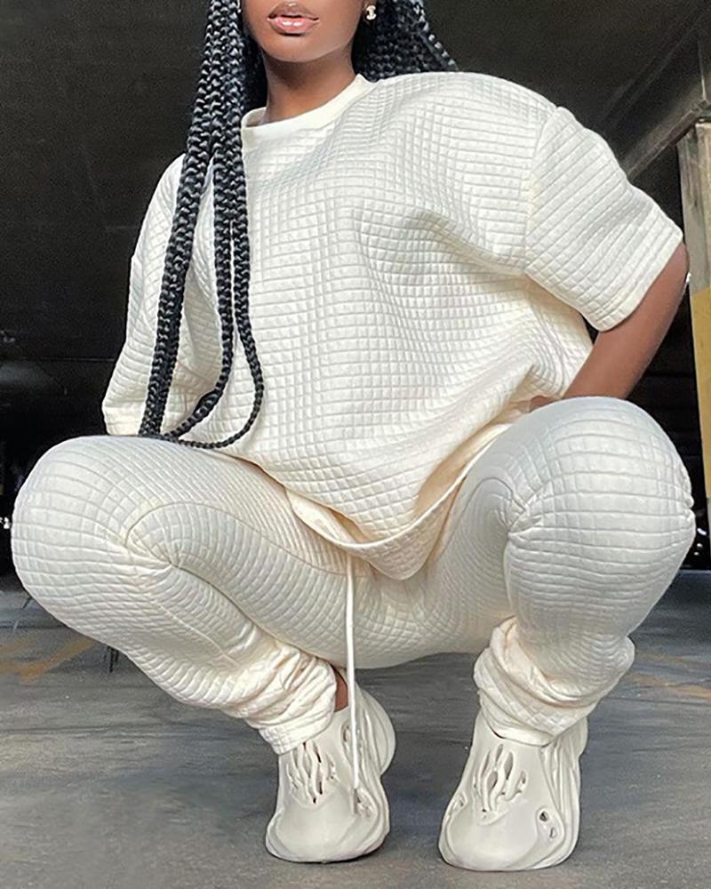 

O-neck Short Sleeve T-shirt & High Waist Ruched Pants Set, White