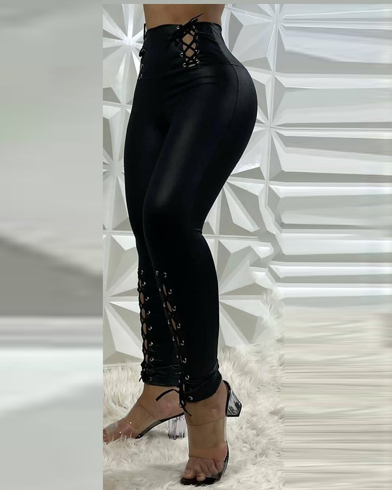

Eyelet Lace-up High Waist Skinny Pants, Black