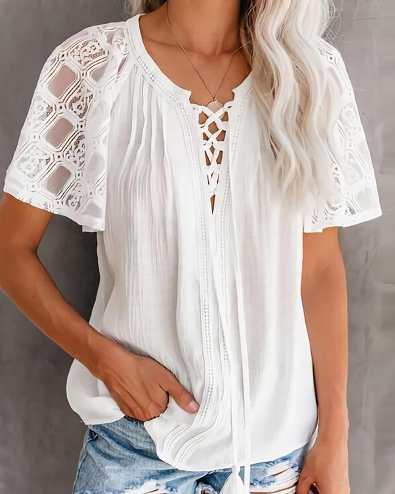 

Lace-up Tassel Design Short Sleeve Lace Top, White