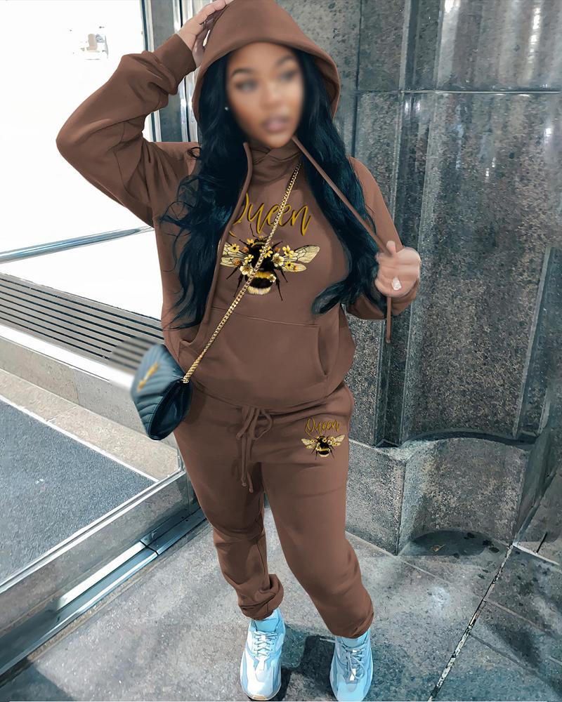 

Letter Bee Print Long Sleeve Hoodie & Pants Set, Coffee