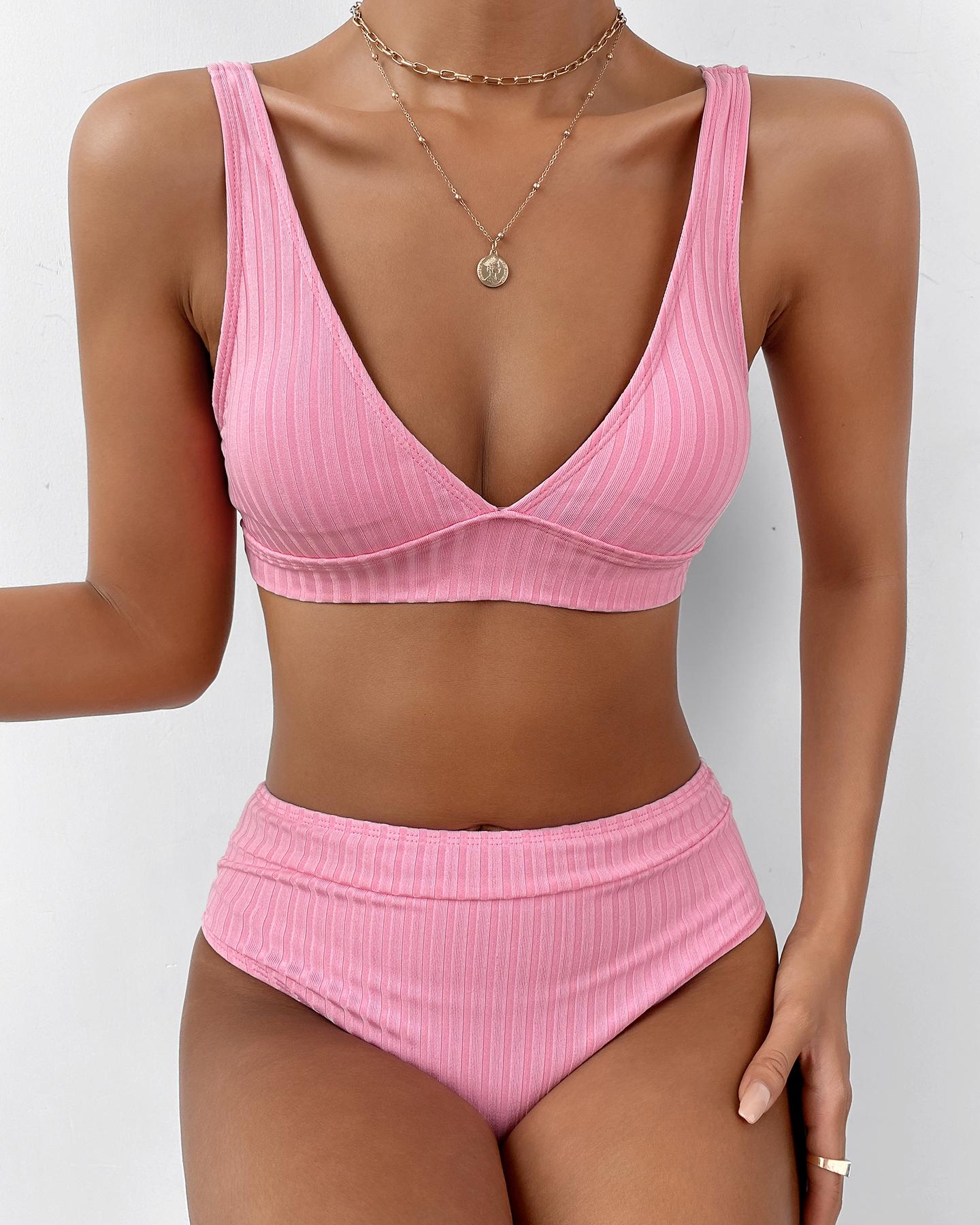 

Solid Sleeveless Bra With High Waist Panties Bikini Sets, Pink