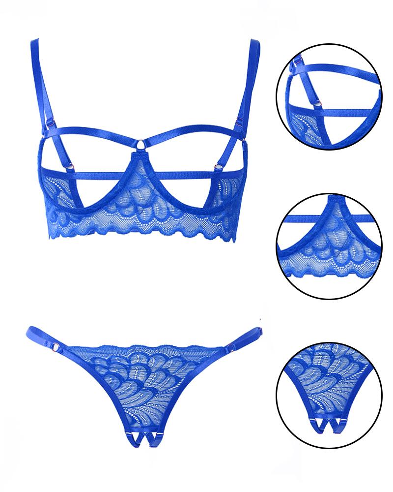

Crochet Lace Cutout Open Breast Crotchless Lingerie Set, Blue