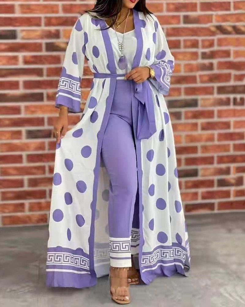 

Plus Size Tank Top & Pants Set With Polka Dot Print Cardigan, Light purple