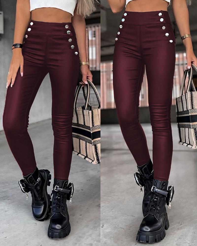 

High Waist Buttoned PU Leather Pants, Dark red