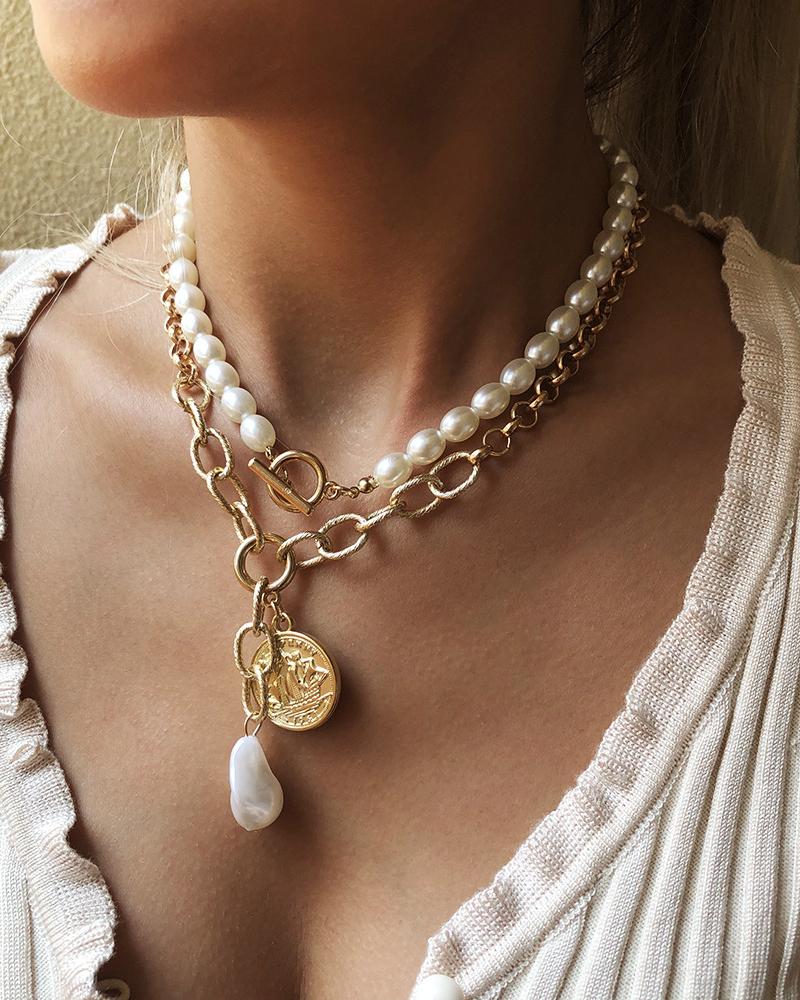 

Boho Style Pearl Multi-layer Chain Necklace Pendant, Gold