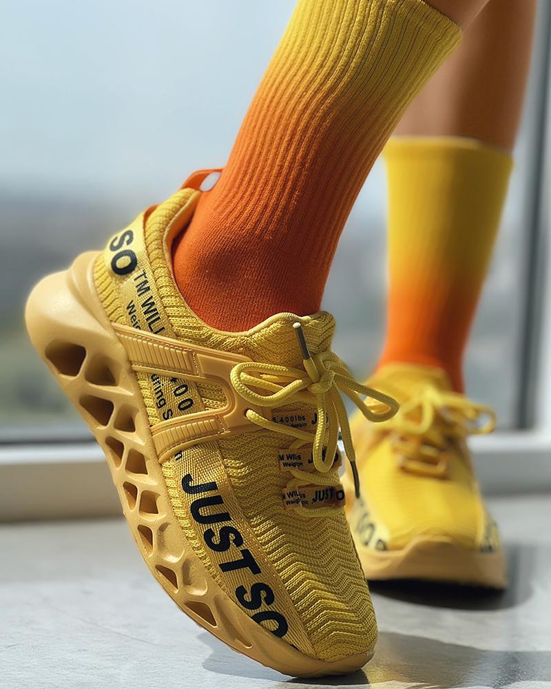 

Letter Pattern Lace-up Knit Sneakers, Yellow