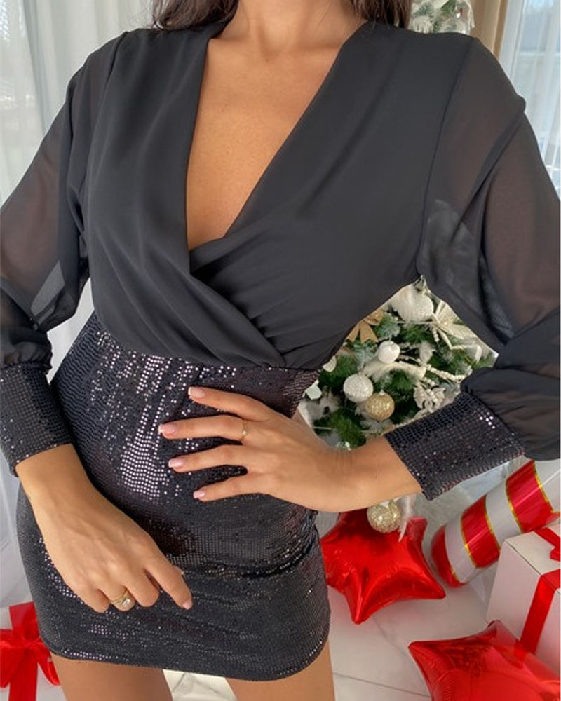 

Long Sleeve Contrast Mesh Sequin Party Dress, Black