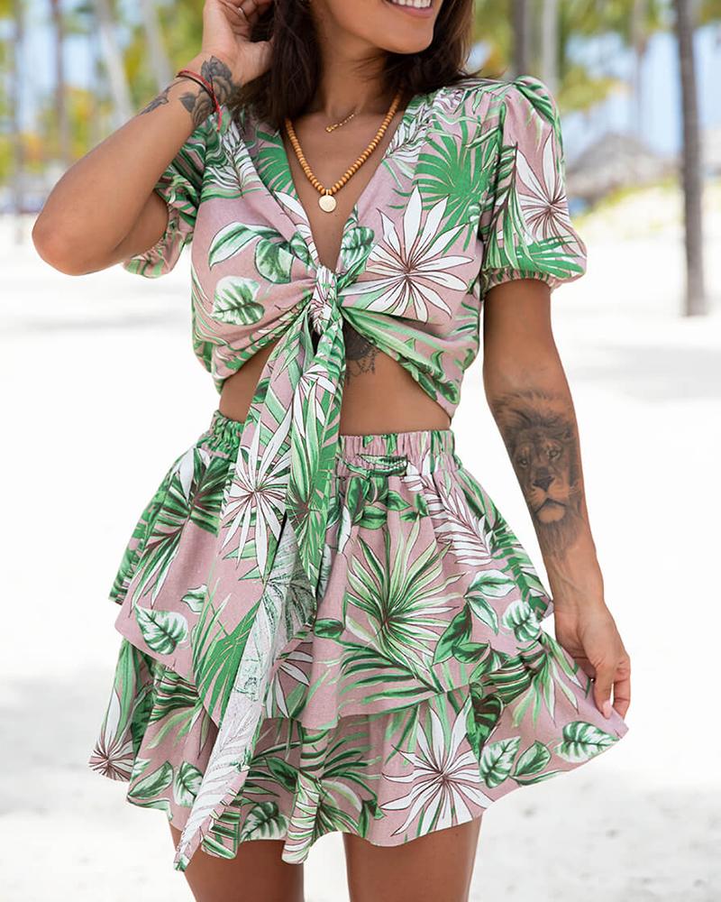 

Tropical Print Tie Front Crop Top & Ruffles Skirt Set, Pink