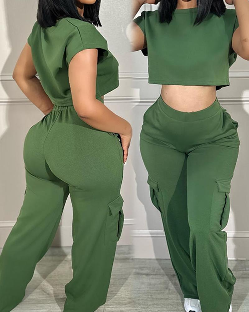 

O-neck Crop Top & Pocket Design Cargo Pants Set, Green