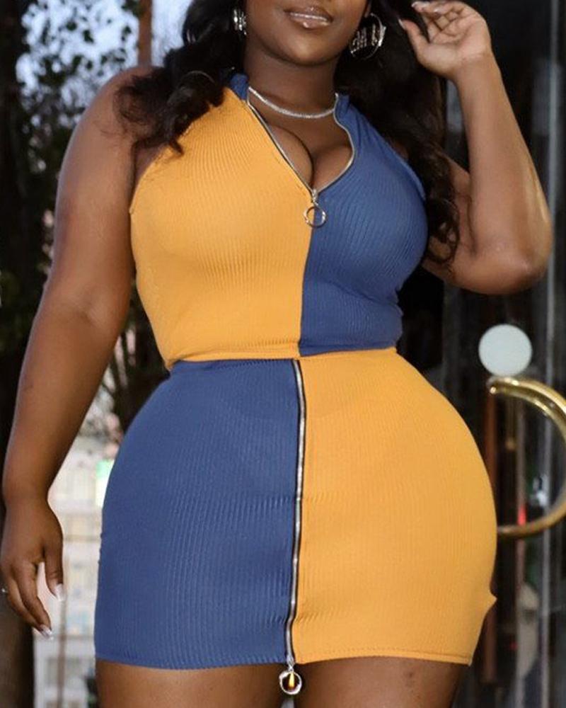 

Plus Size Colorblock Ribbed Zip Front Crop Top & Skirt Set, Yellow
