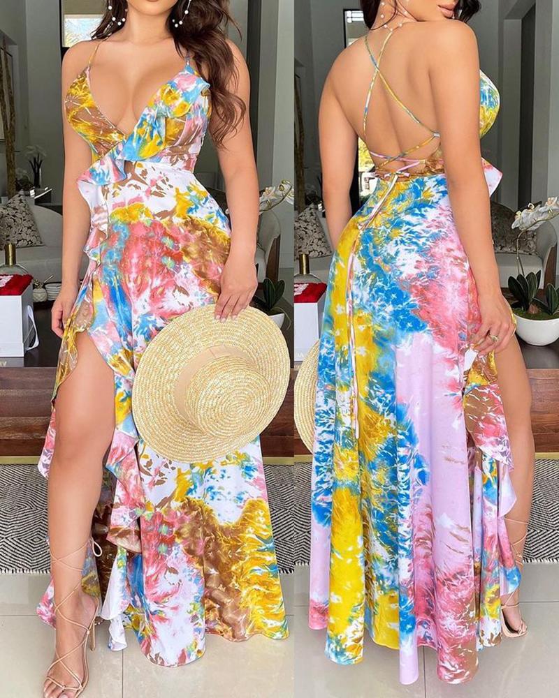

High Slit Colorblock Ruffles Trim Backless Maxi Dress, Multicolor