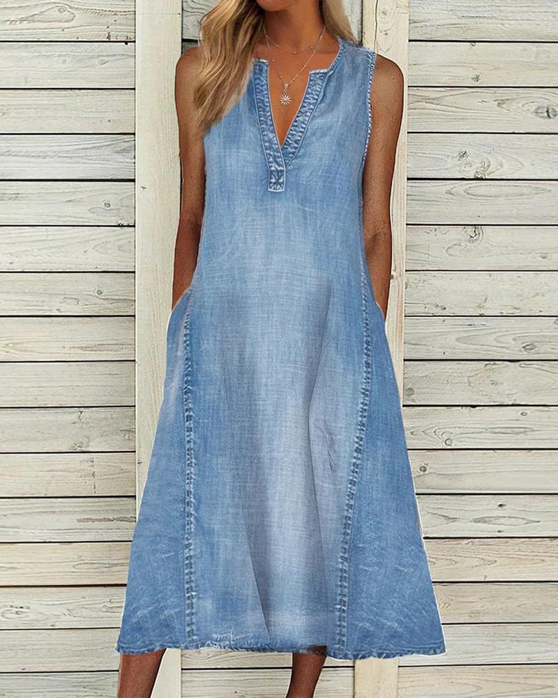 

Pocket Detail Sleeveless Denim Dress, Blue