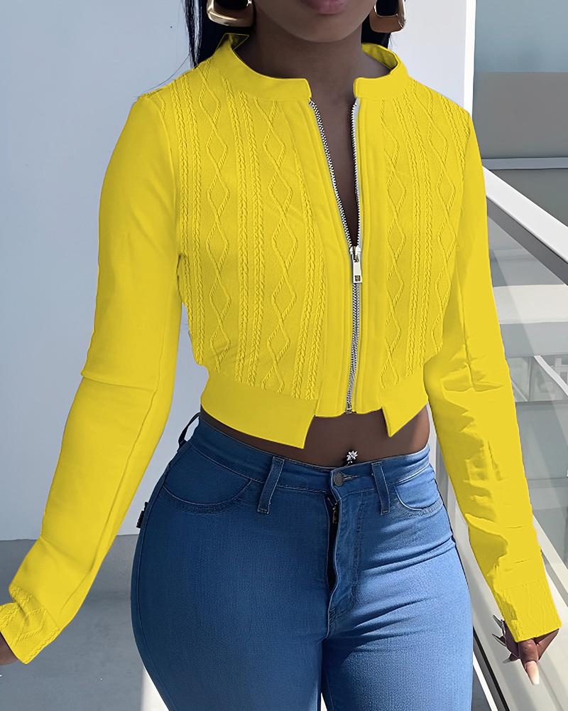 

Zipper Design Long Sleeve Textured Crop Jacket, Yellow