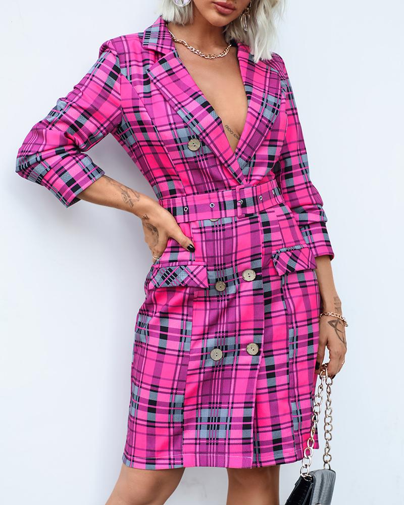 

Plaid Print Double Breasted Belted Blazer Dress, Hot pink
