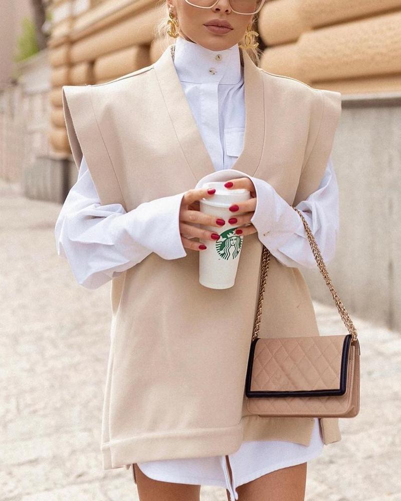 

Wide Shoulder V-Neck Sleeveless Casual Top, Apricot