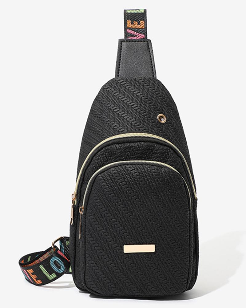 

Cable Textured Zipper Design Casual Crossbody Bag, Black