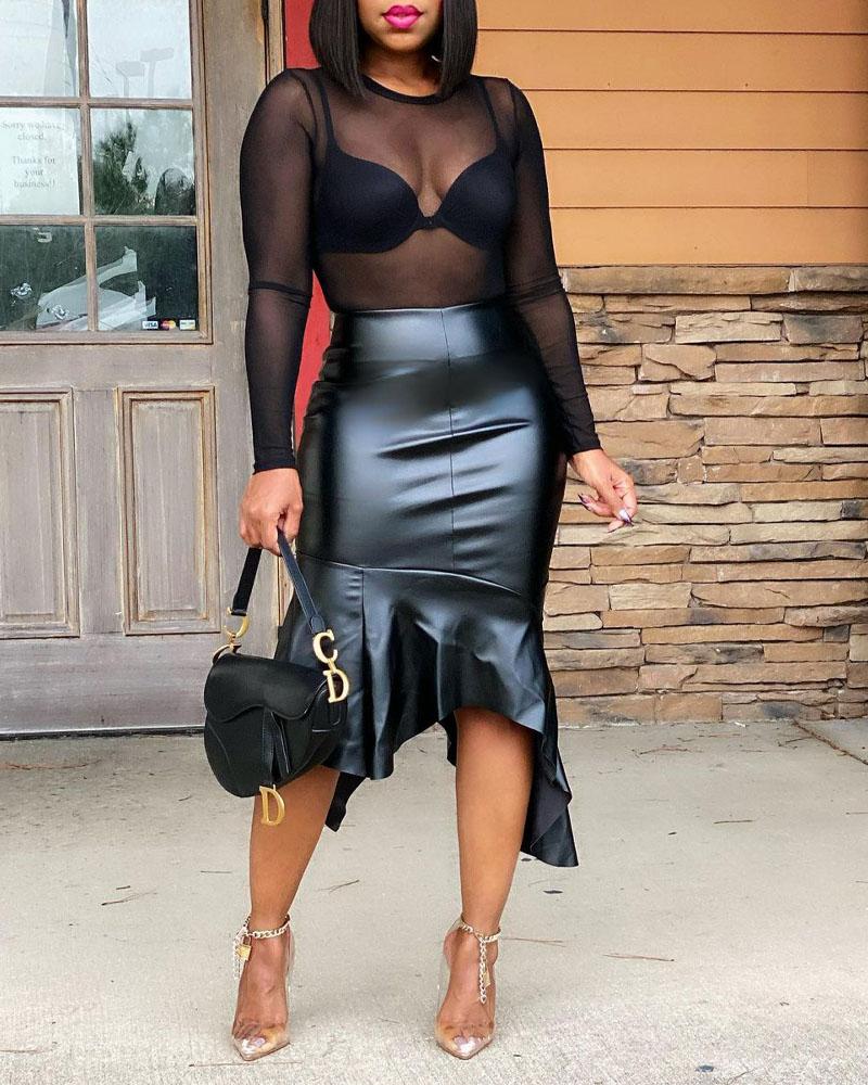 

Ruffle Hem PU Leather Skirt, Black
