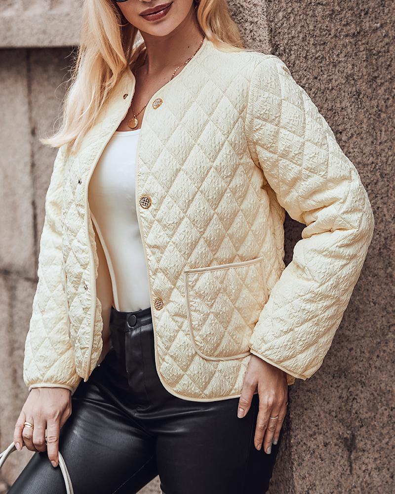 

Quilted Button Design Puffer Jacket, Beige