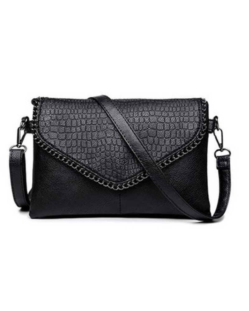 

Croc Embossed Chain Decor Shoulder Bag, Black