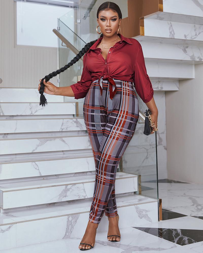 

Plus Size Long Sleeve Buttoned Shirt & Plaid Print Pants Set, Red