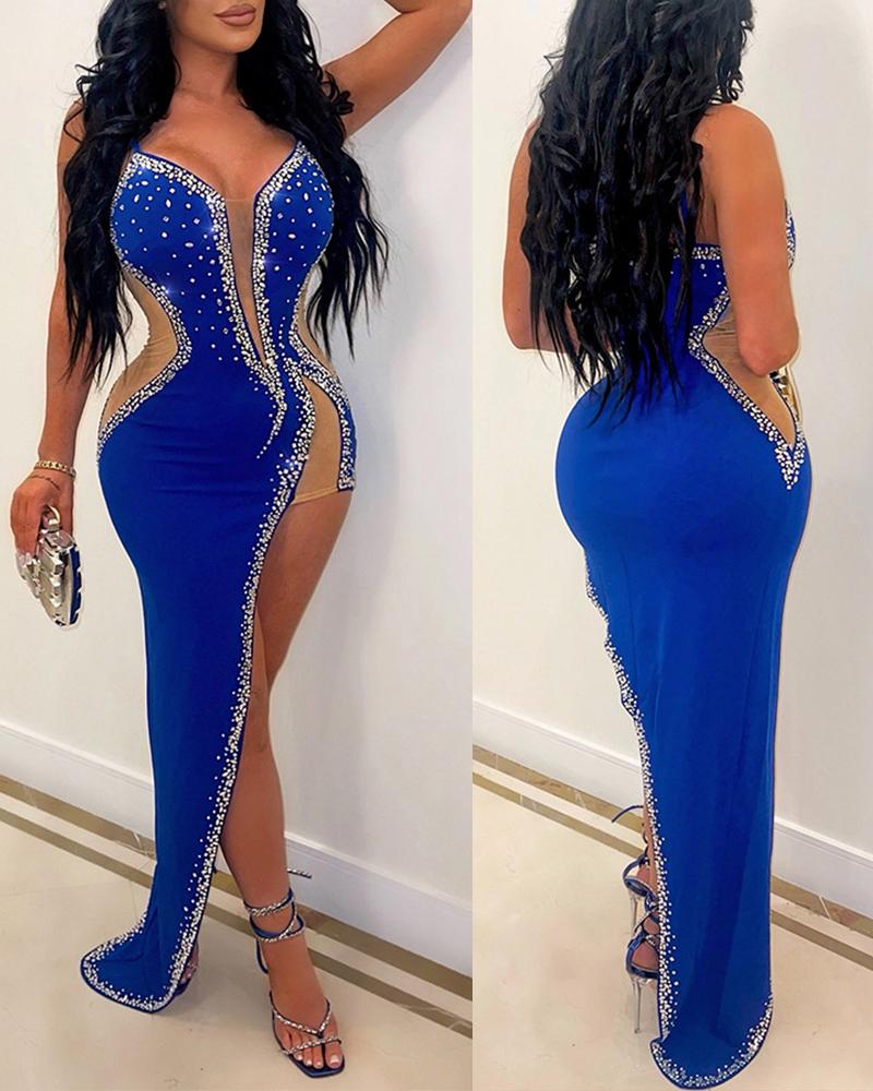 

Contrast Mesh Rhinestone Decor Asymmetrical Party Dress, Blue