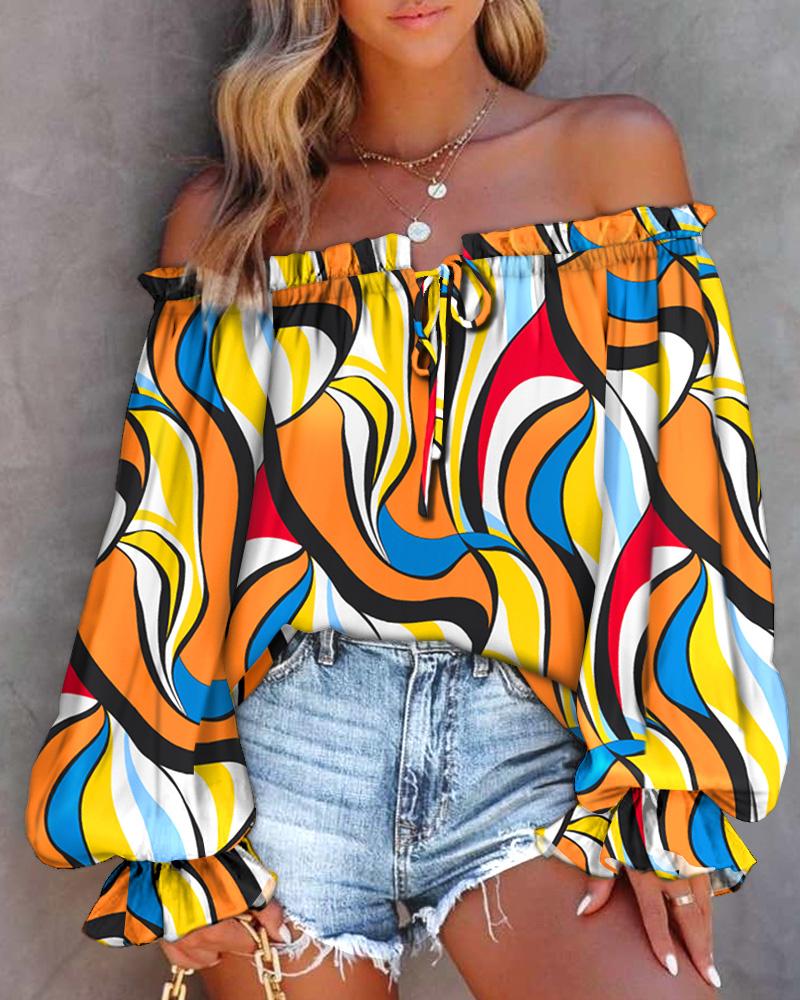 

Abstract Print Off Shoulder Lantern Sleeve Top, Multicolor