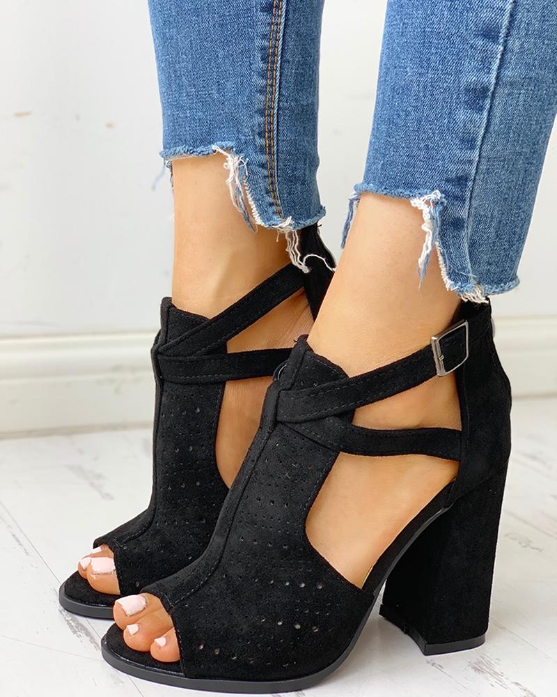 

Peep Toe Hollow Out Chunky Heels, Black