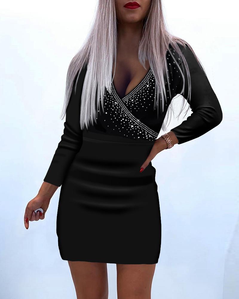 

Rhinestone Decor Long Sleeve Bodycon Dress, Black