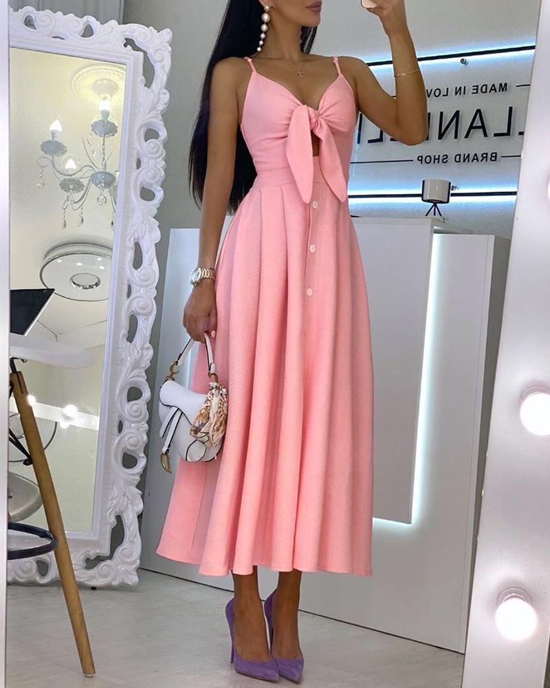 

Spaghetti Strap Knotted Cutout Buttoned Maxi Dress, Pink