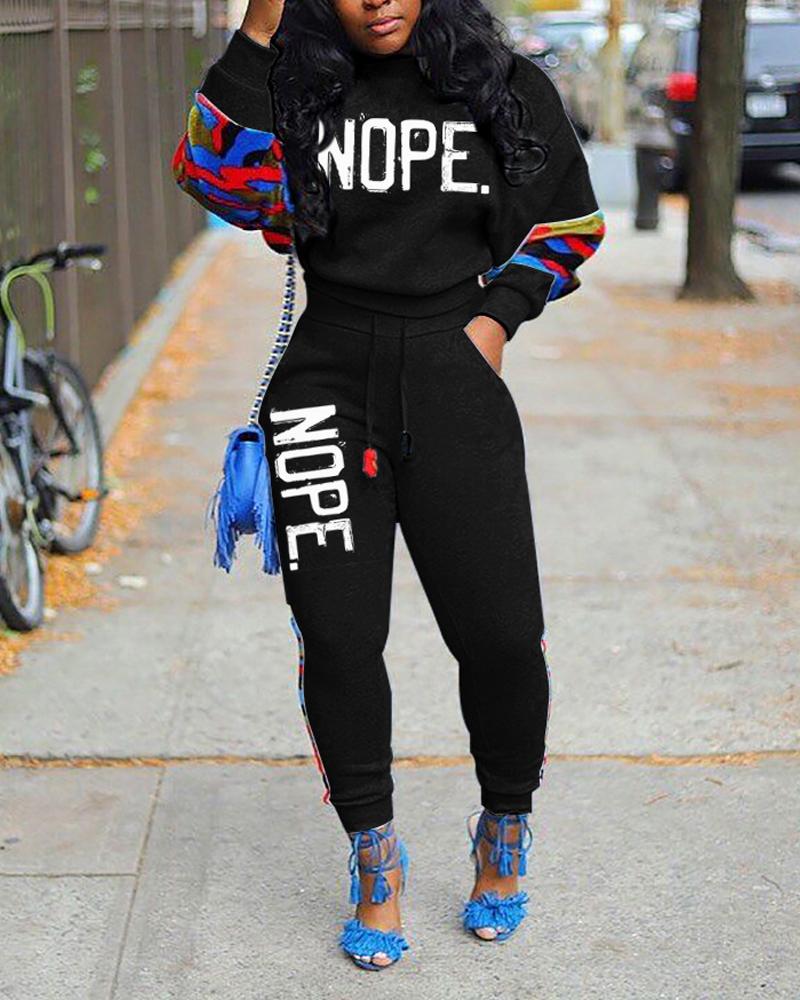 

Letter Camo Print Long Sleeve Casual Top & Pants Set, Black