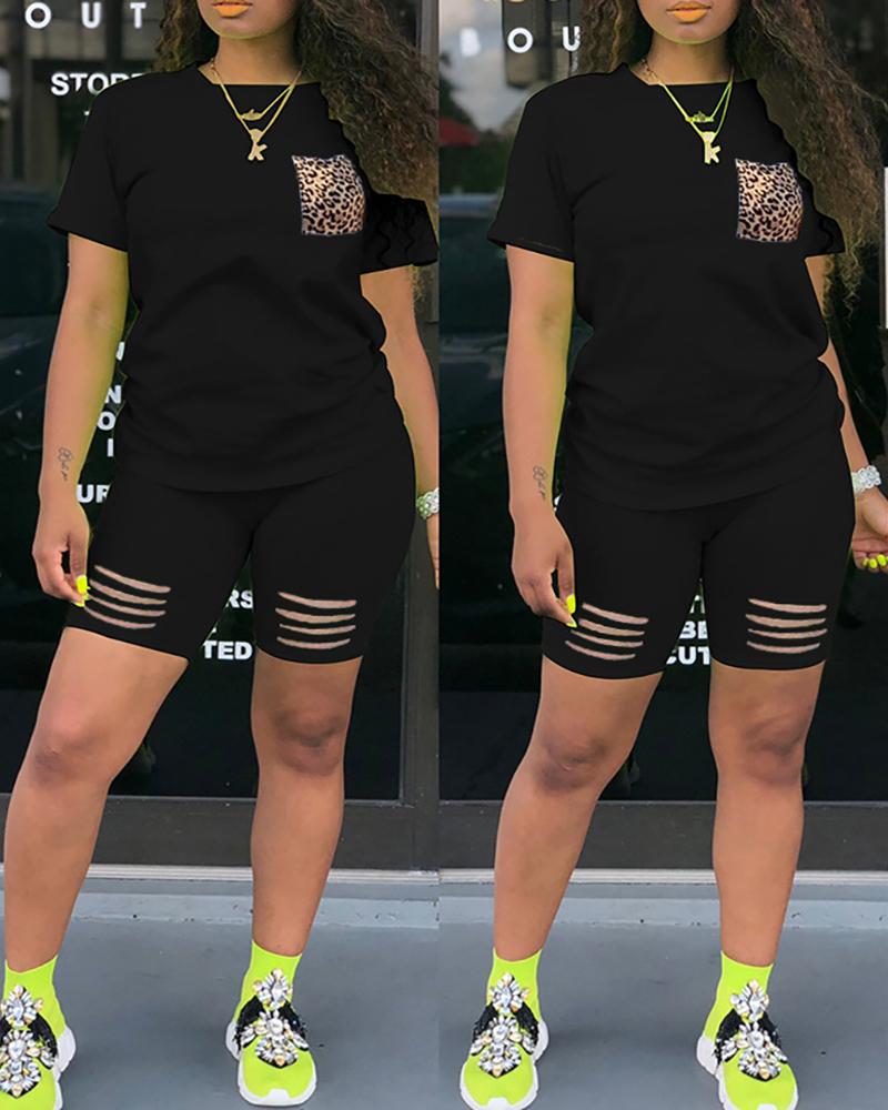 

Leopard Print Pocket Short Sleeve Top & Ladder Cutout Shorts Set, Black