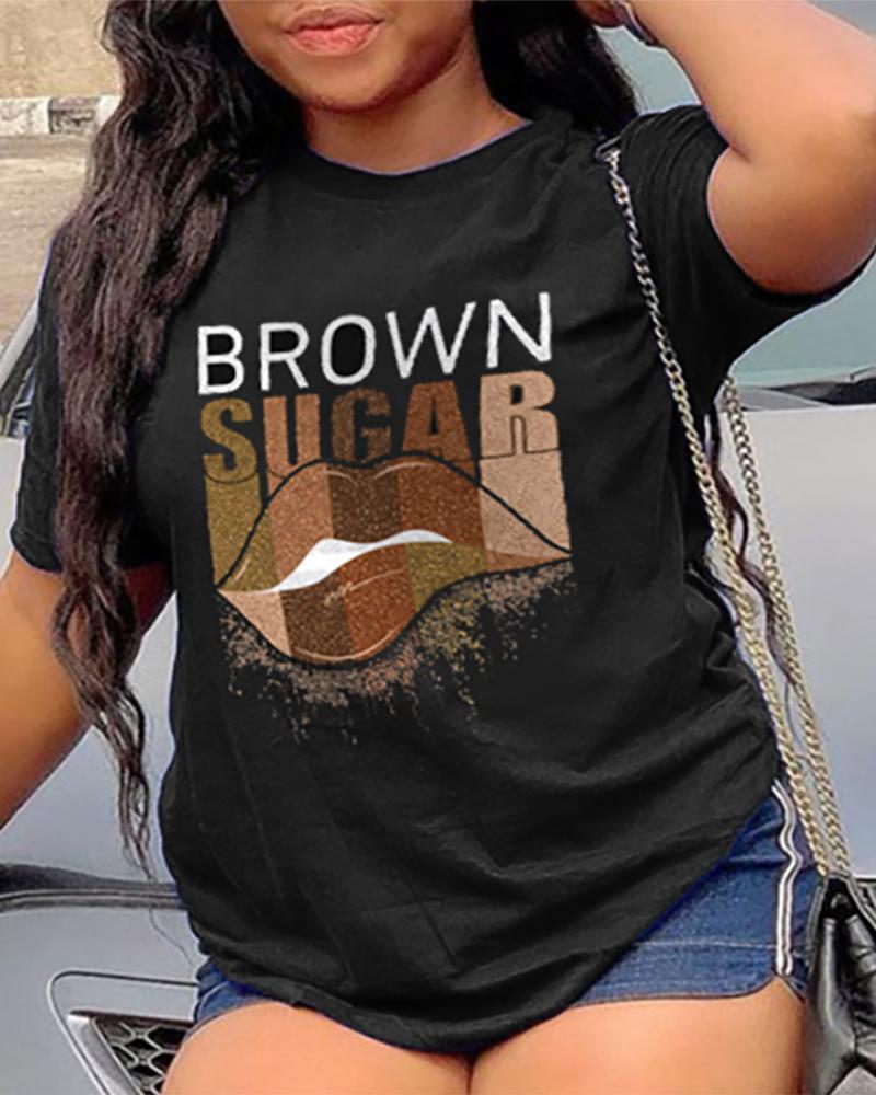 

Letter Lip Print Short Sleeve T-Shirt, Black