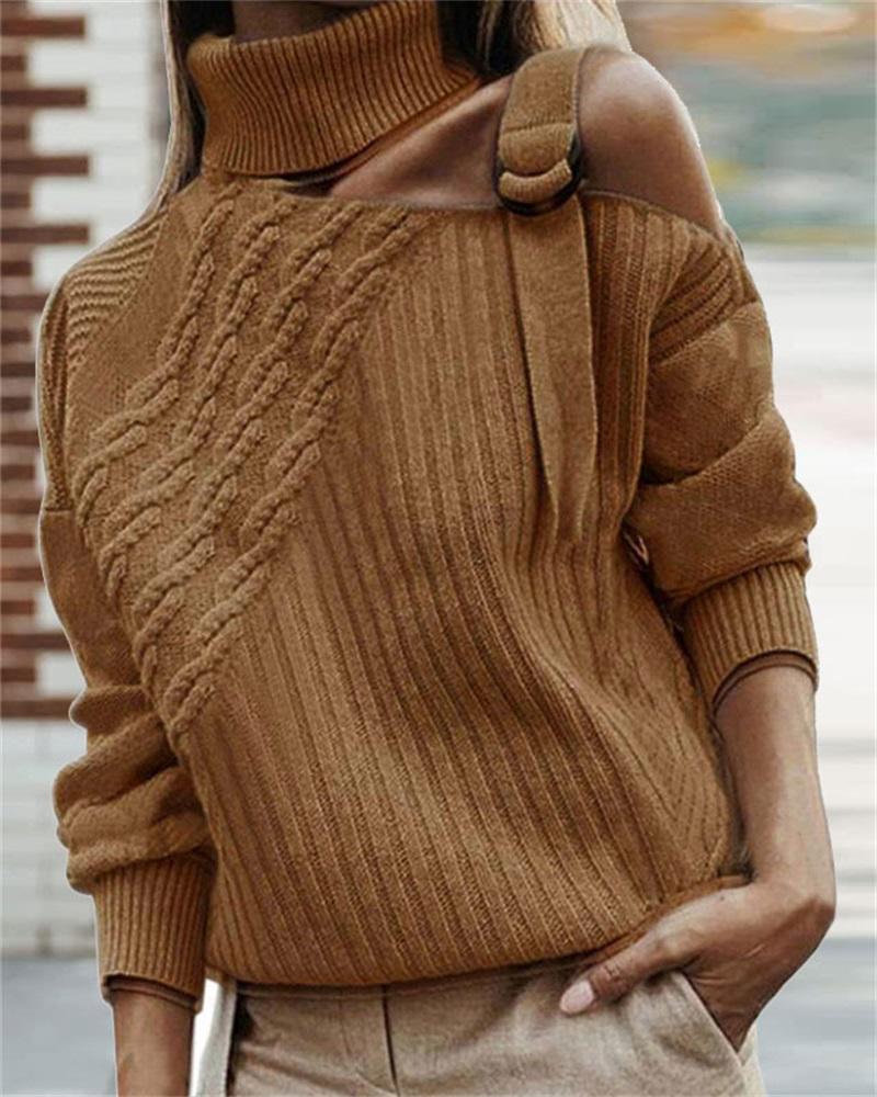 

Plus Size O-Ring Cold Shoulder Cable Knit Sweater, Khaki