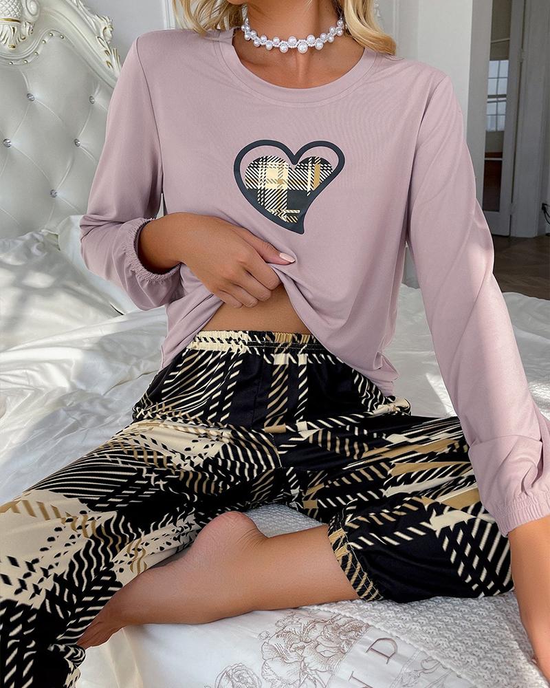 

Plaid Heart Round Neck Pajamas Set, Purple