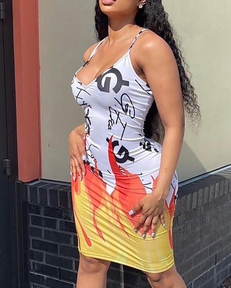 

Flame Letter Pattern Print Bodycon Dress, White