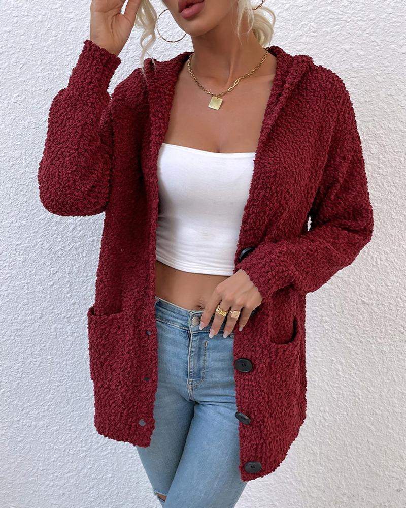 

Long Sleeve Button Up Hooded Teddy Cardigan, Red