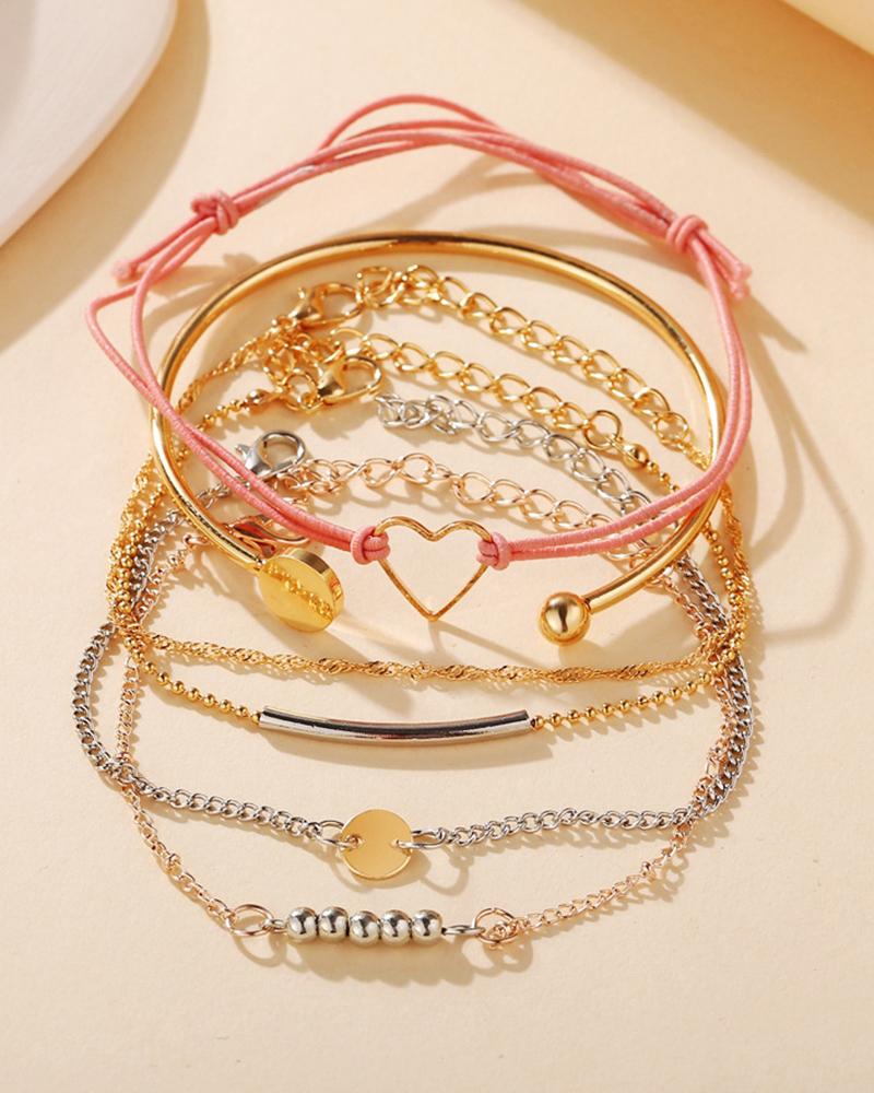 

6pcs Bohemian Beaded Heart Shaped Chain Bracelets Set, Pink