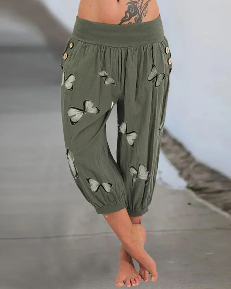 

Butterfly Print Low Waist Capris Pants, Green