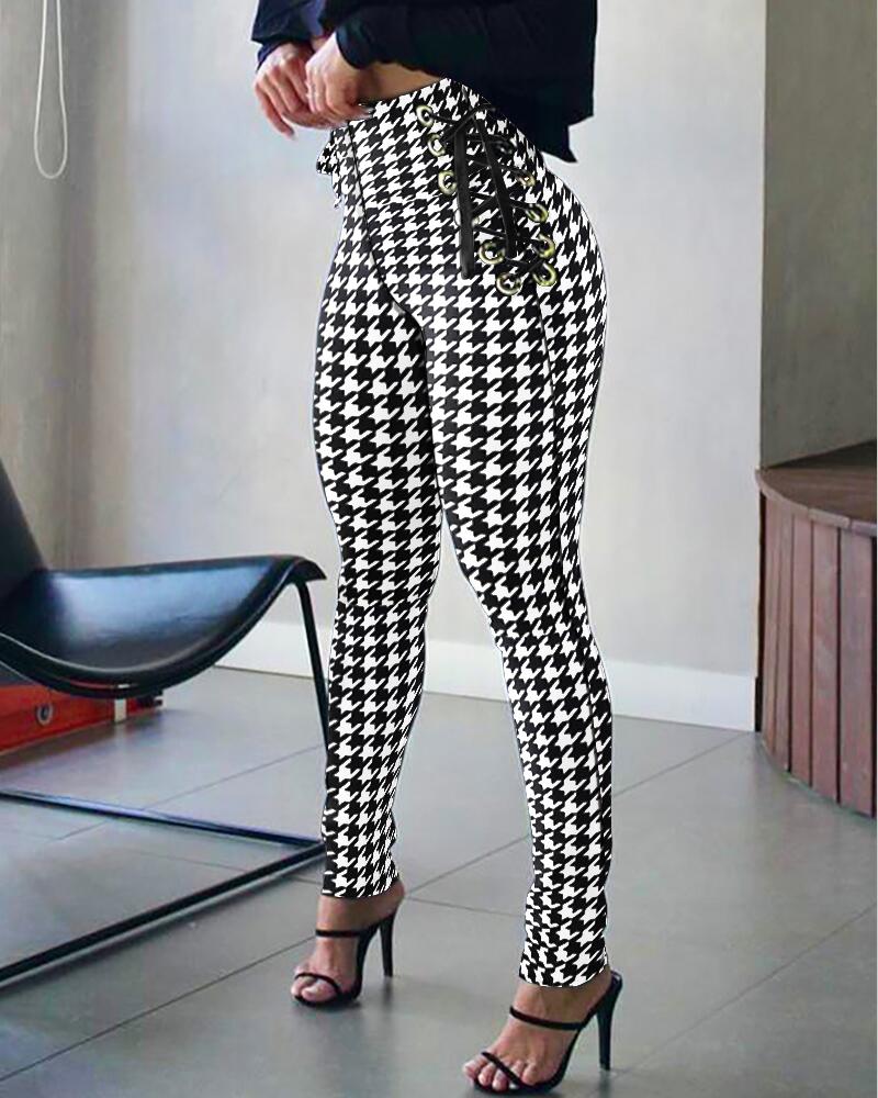 

Houndstooth Print High Waist Eyelet Lace-up Skinny Pants, Black&white